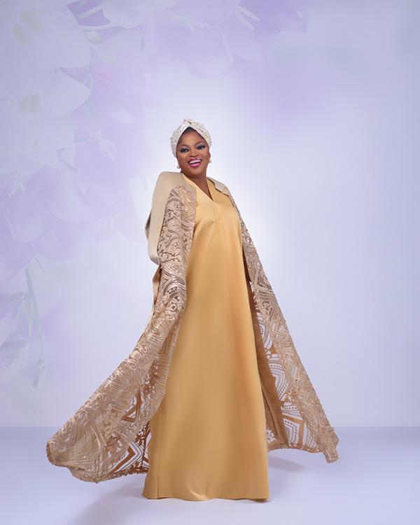 Funke Akindele Glows in Gold Kaftan with Embroidered Cape & Turban for Eid | OutfitLibrary.com