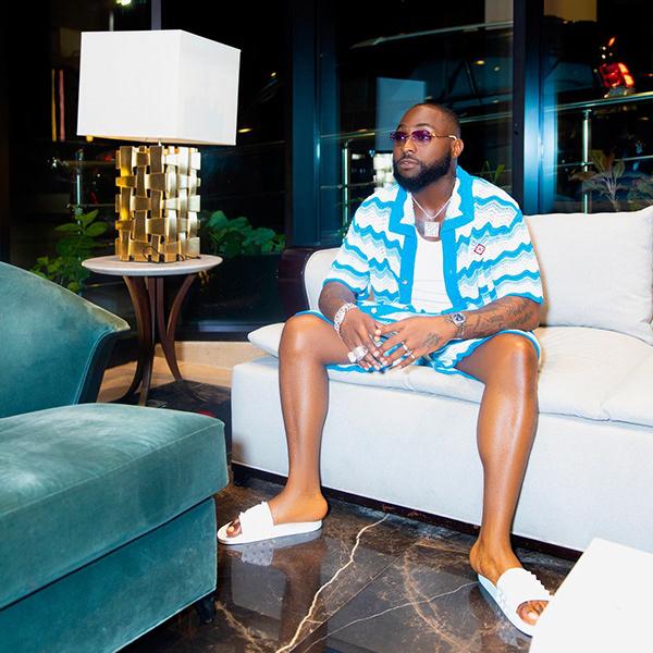 Davido in Blue & White Chevron Knit Short Set with Slides | OutfitLibrary.com