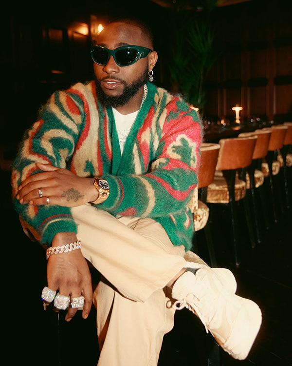 Davido in Blue & White Chevron Knit Short Set with Slides | OutfitLibrary.com