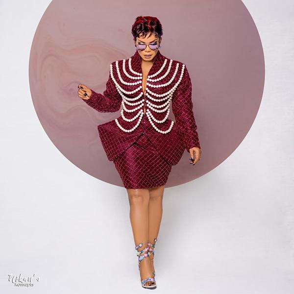 Iyabo Ojo Serves Burgundy Pearl Statement Blazer & Skirt Suit | OutfitLibrary.com