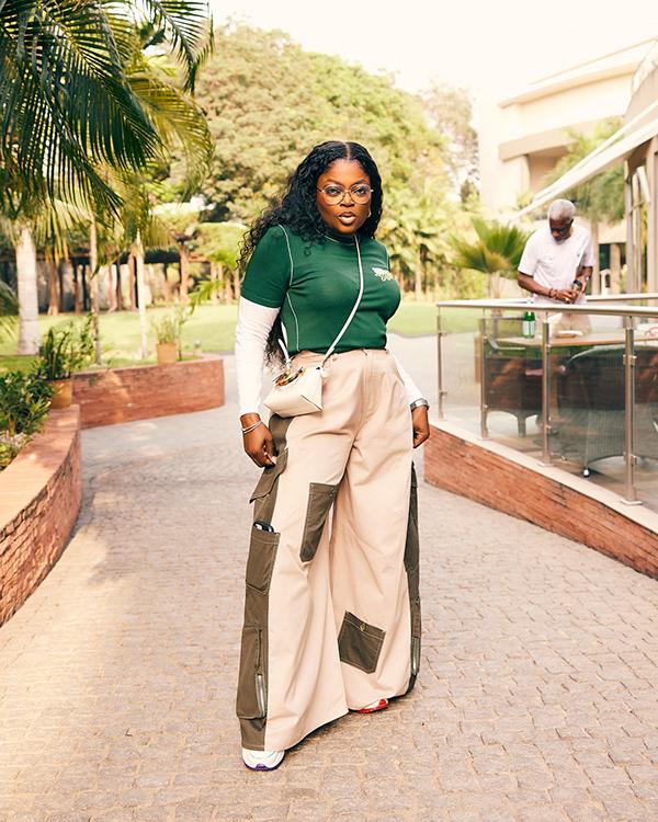 Funke Akindele in Green Tee & Wide-Leg Cargo Pants Street Style | OutfitLibrary.com